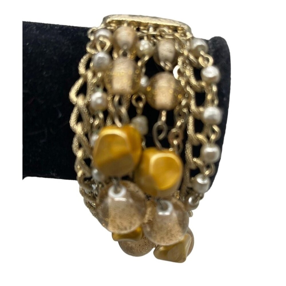 Costume jewelry Bracelet Gold Clasp Gold and Silver Beads Gold Chains 6.5" READ